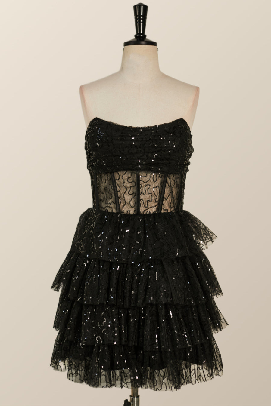 Strapless Black Illusion Ruffles A-line Short Dress