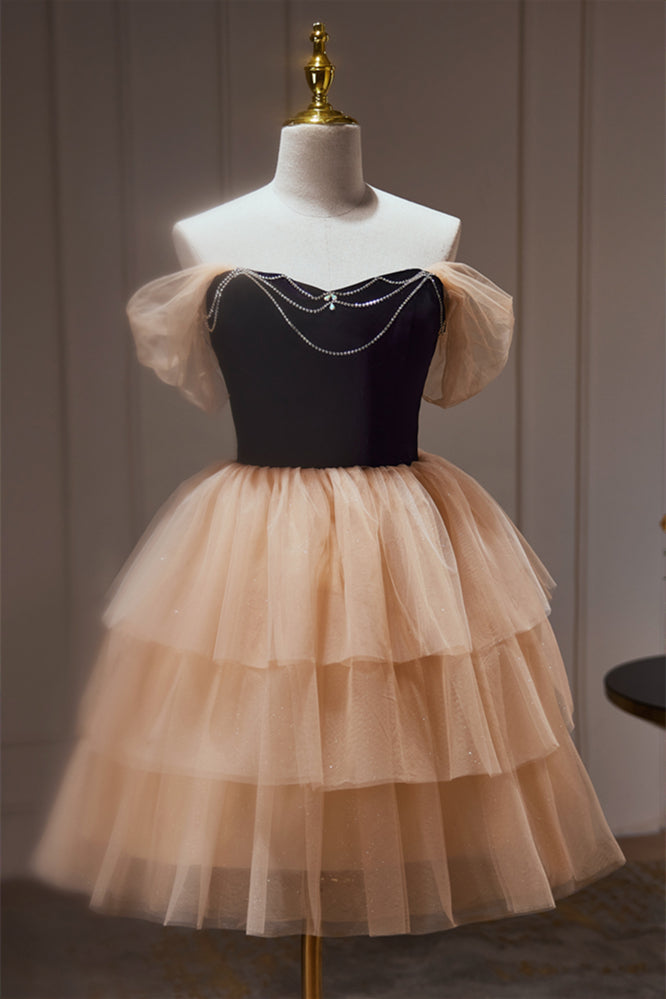 sachin and babi light blue dress Off the Shoulder Black and Champagne Ruffle Short Dress – Ohmollydress