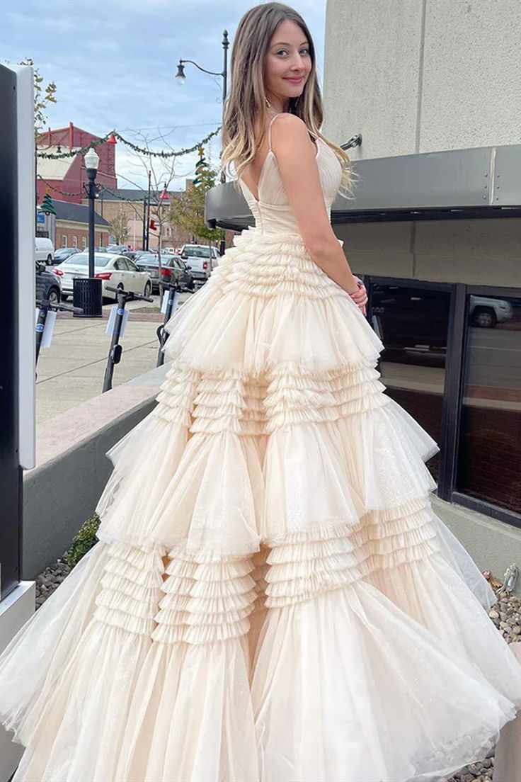 Champagne Tiered Ruffle Long Ball Gown with Straps Ohmollydress Champagne Tiered Ruffle Long Ball Gown with Straps Ohmollydress