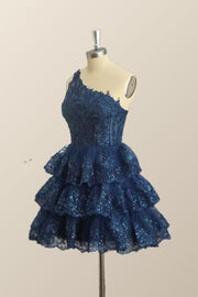 One Shoulder Navy Blue Ruffles A-line Dress
