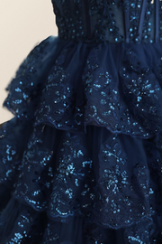One Shoulder Navy Blue Ruffles A-line Dress