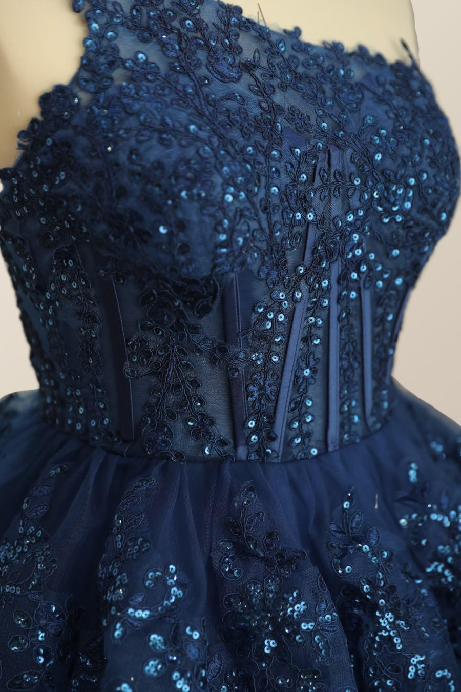 One Shoulder Navy Blue Ruffles A-line Dress