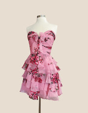 Pink Floral Strapless Ruched Short Ruffle Dress