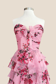 Pink Floral Strapless Ruched Short Ruffle Dress