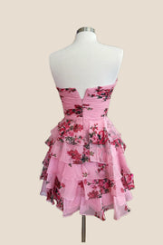 Pink Floral Strapless Ruched Short Ruffle Dress