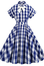 Notched Collar Pink Plaid Gingham Swing Dress