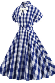 Notched Collar Pink Plaid Gingham Swing Dress