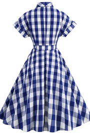 Notched Collar Pink Plaid Gingham Swing Dress