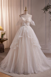 Straps White Tulle Tiered Tulle Formal Gown