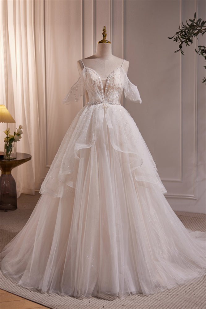 Straps White Tulle Tiered Tulle Formal Gown