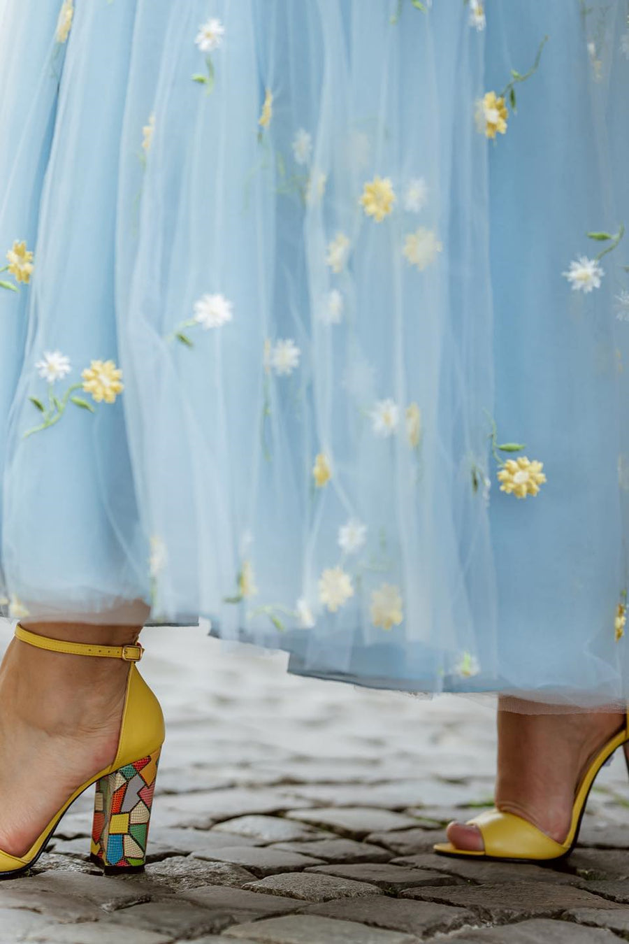 Blue and Yellow Daisy Floral Tea Length Dress