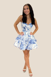 Strapless Pink Floral Corset A-line Short Ruffle Dress