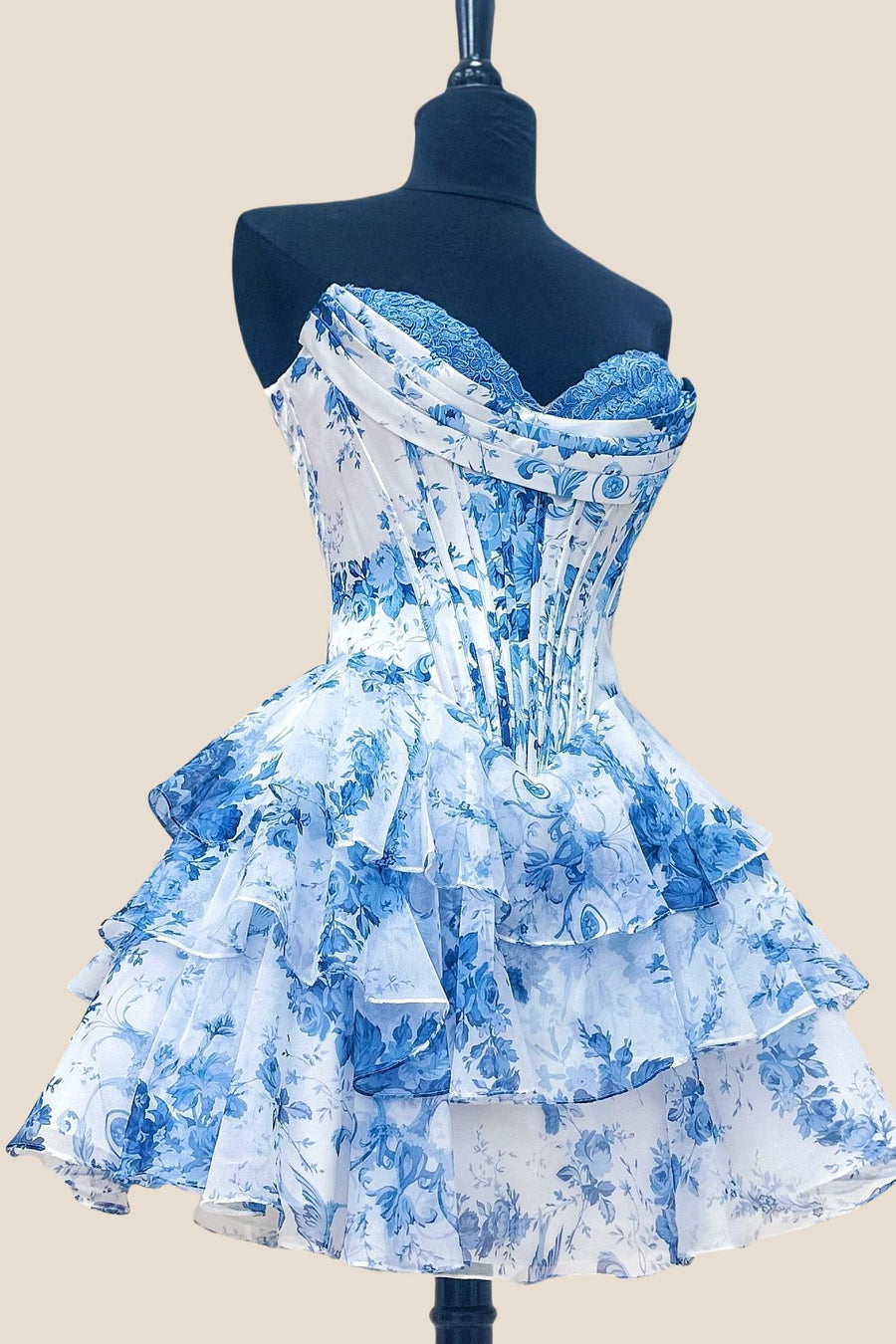 Strapless Pink Floral Corset A-line Short Ruffle Dress