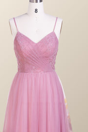 Straps Blush Pink Pleated Tulle Long Bridesmaid Dress