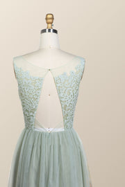 Sage Green Lace and Tulle Long Bridesmaid Dress