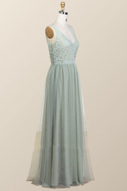 Sage Green Lace and Tulle Long Bridesmaid Dress