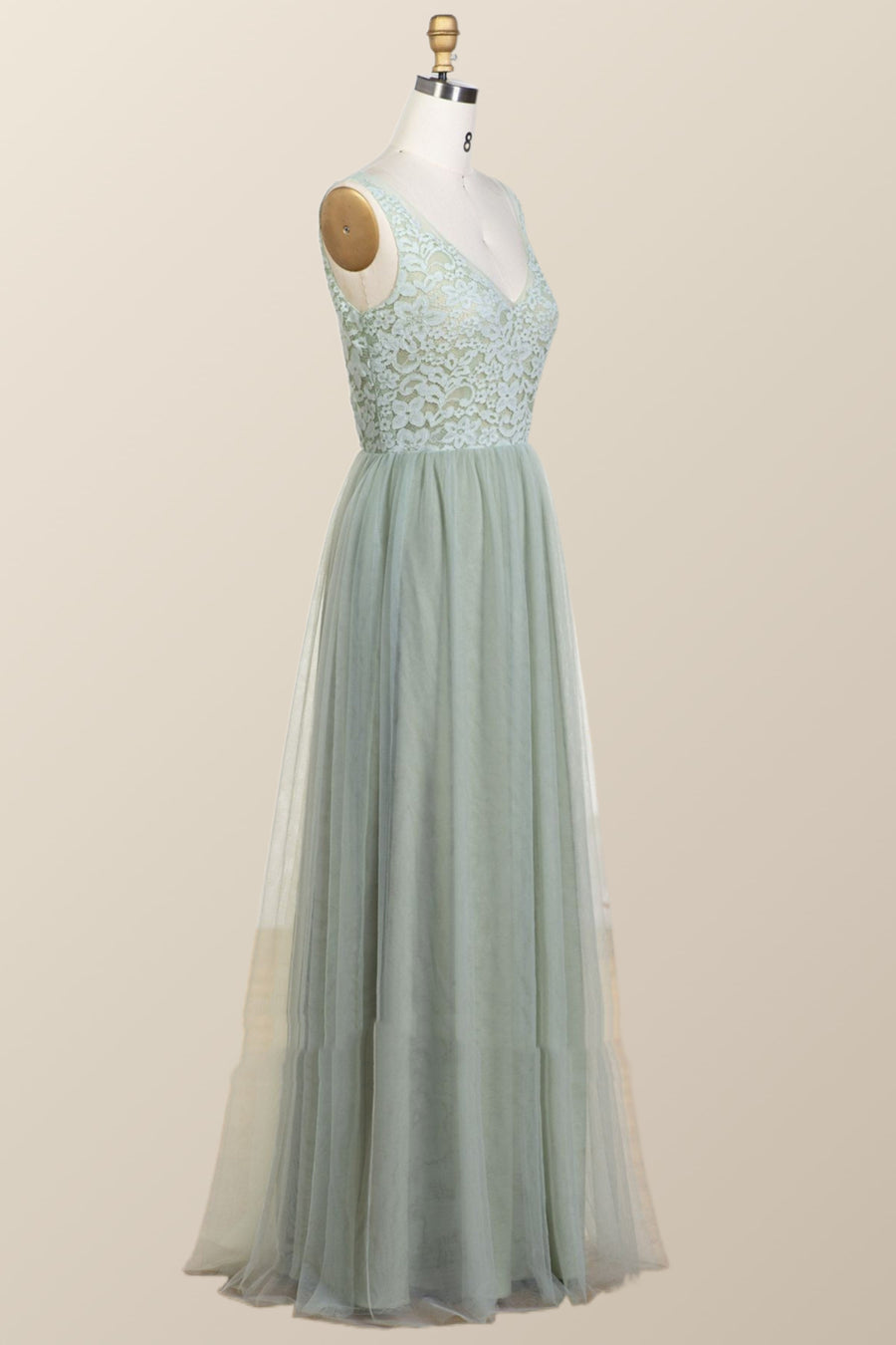 Sage Green Lace and Tulle Long Bridesmaid Dress