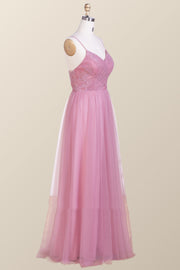 Straps Blush Pink Pleated Tulle Long Bridesmaid Dress