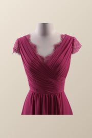 Cap Sleeves Burgundy Chiffon Long Bridesmaid Dress