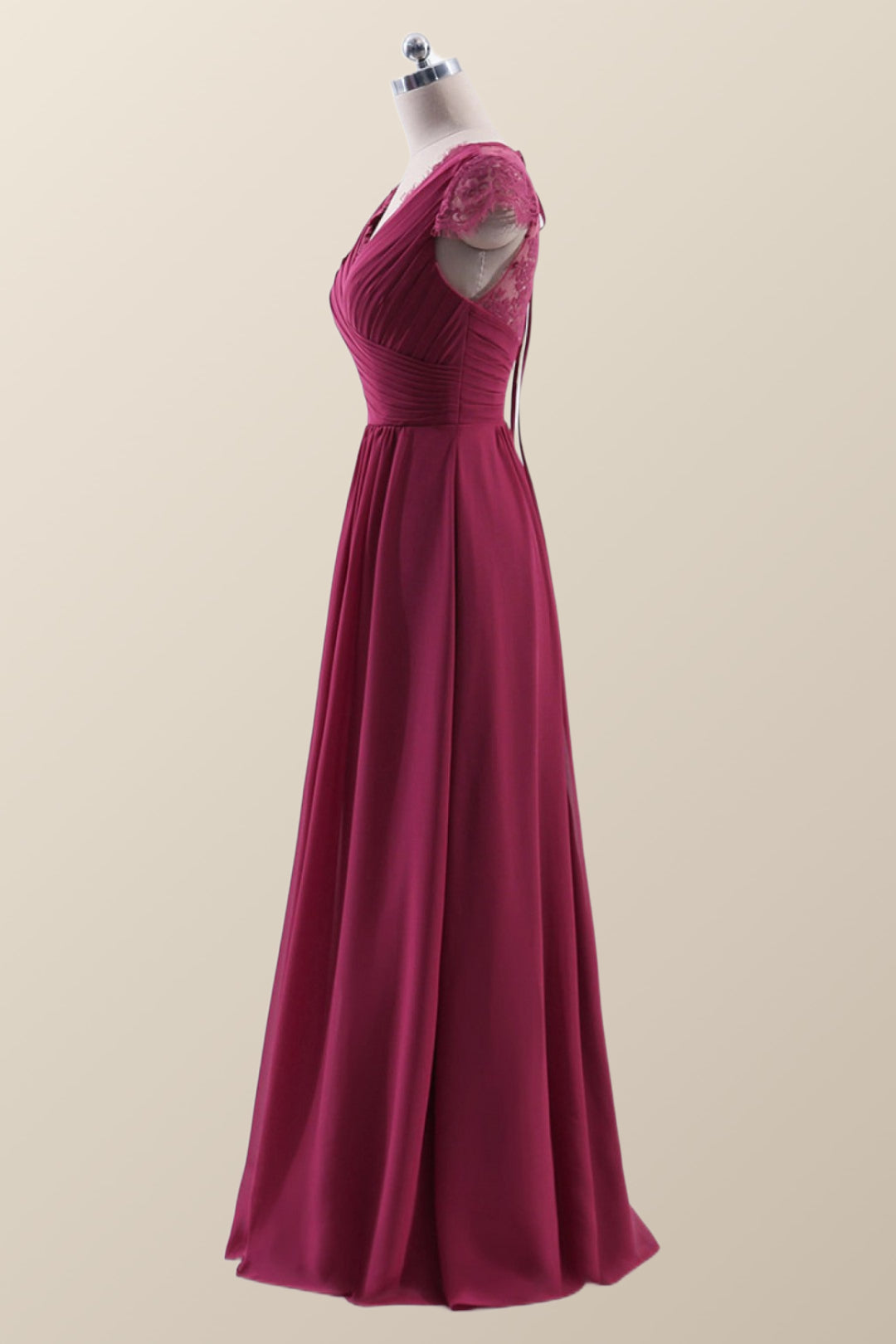 Cap Sleeves Burgundy Chiffon Long Bridesmaid Dress