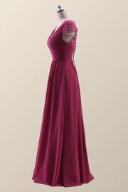 Cap Sleeves Burgundy Chiffon Long Bridesmaid Dress