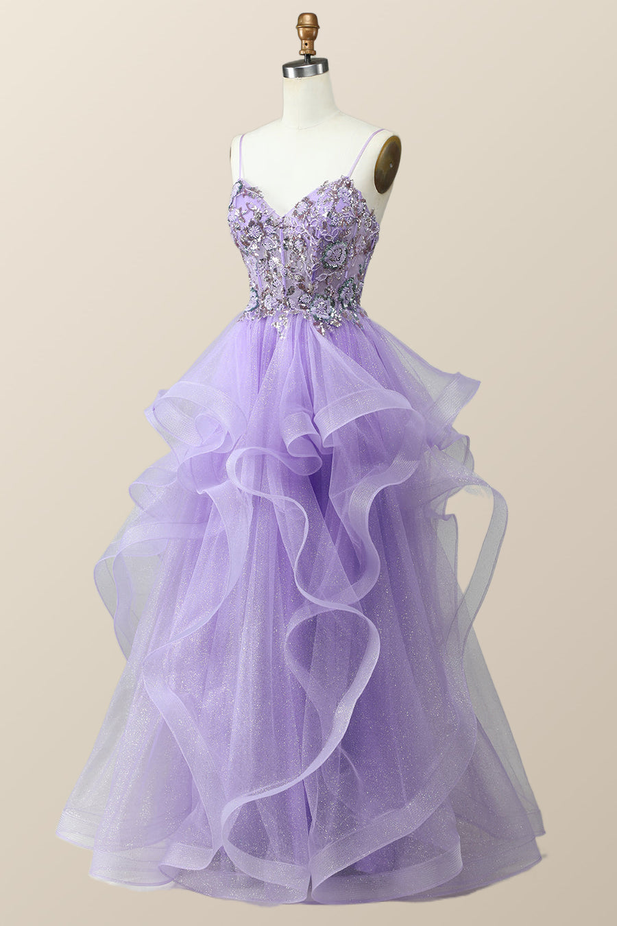 Beaded Lavender Ruffles A-line Long Prom Dress