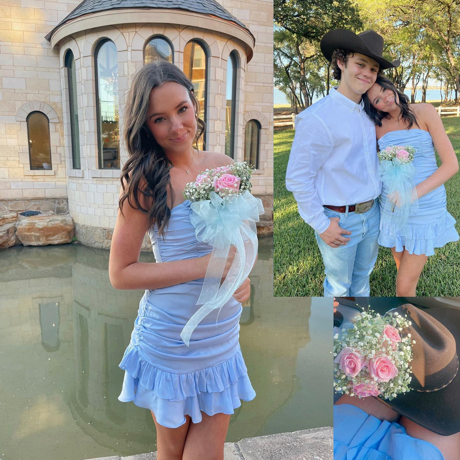 Pink Strapless Ruched Frill Satin Mini Dress