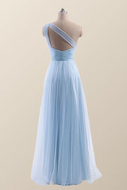 One Shoulder Light Blue Tulle A-line Bridesmaid Dress