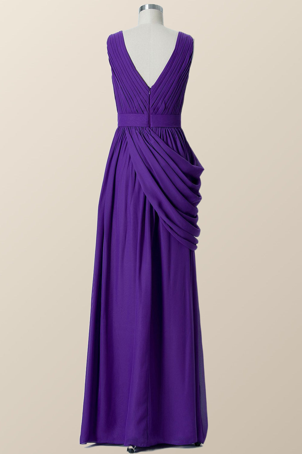 V Neck Purple Pleated Chiffon A-line Bridesmaid Dress