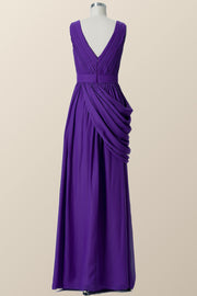 V Neck Purple Pleated Chiffon A-line Bridesmaid Dress