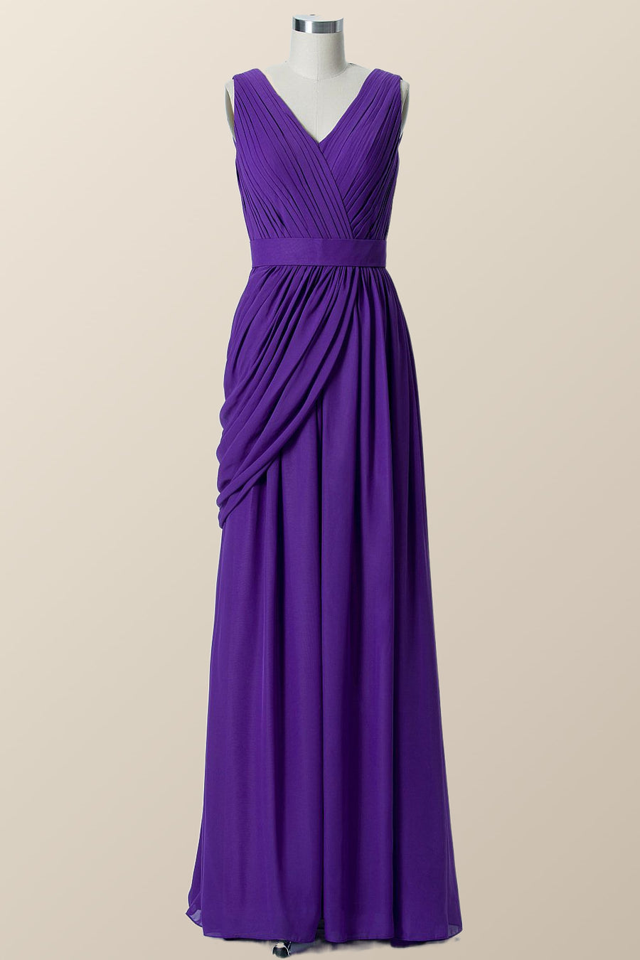 V Neck Purple Pleated Chiffon A-line Bridesmaid Dress