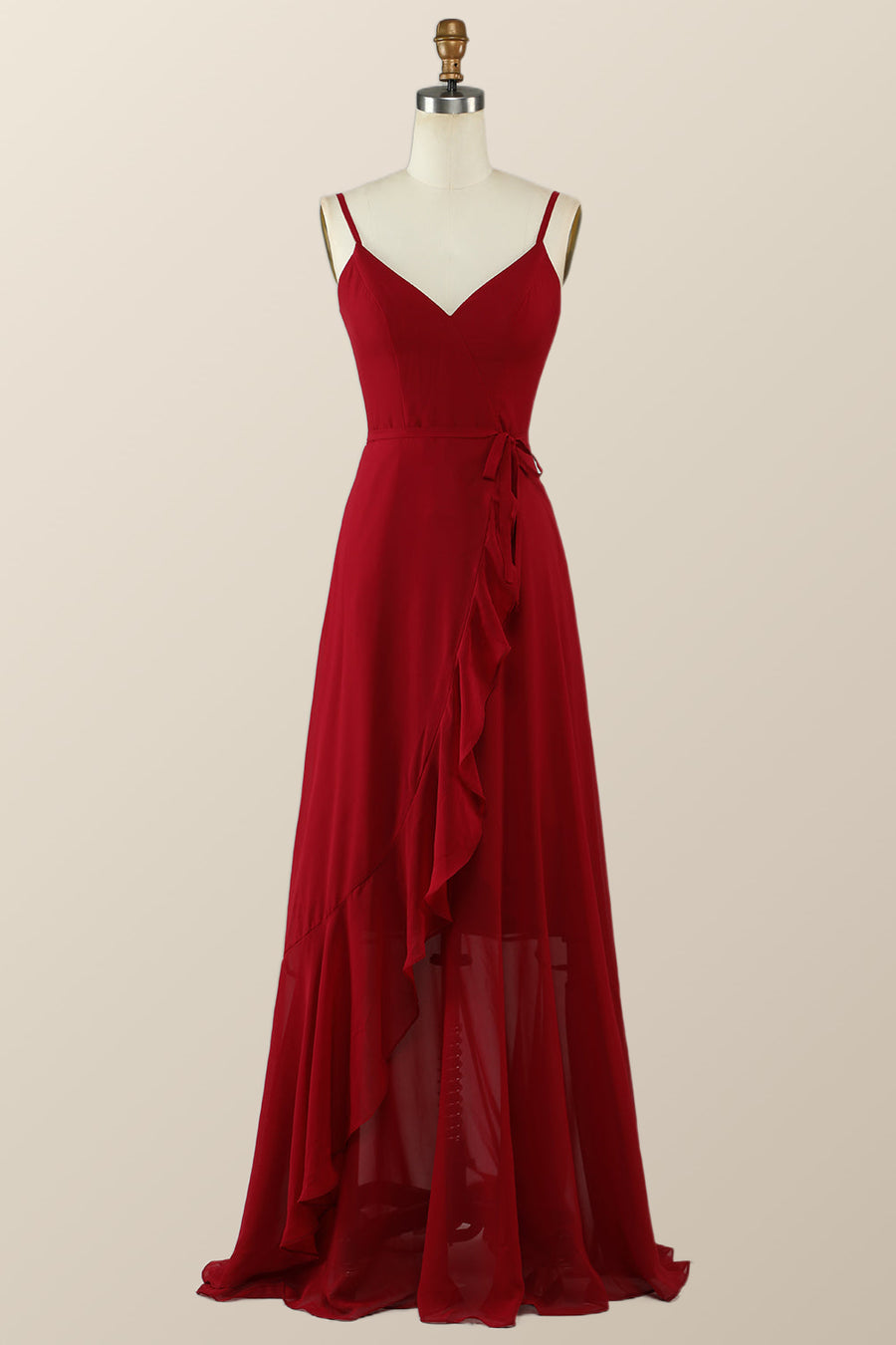 Straps Wine Red Chiffon Ruffle A-line Long Bridesmaid Dress