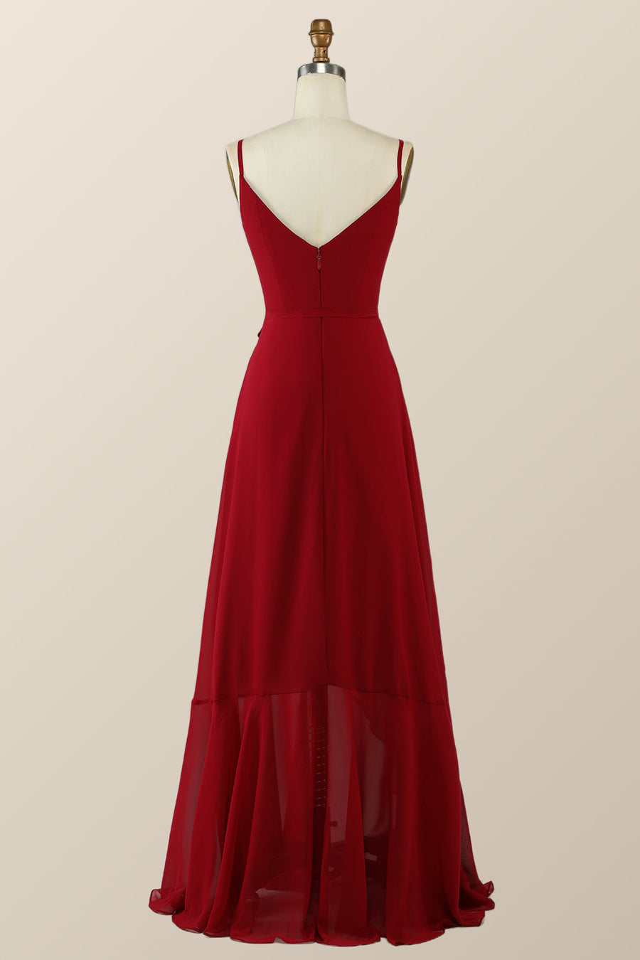 Straps Wine Red Chiffon Ruffle A-line Long Bridesmaid Dress