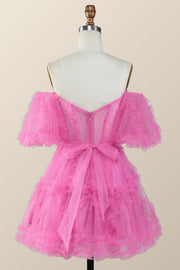 Off the Shoulder Hot Pink Ruffles Short A-line Homecoming Dress
