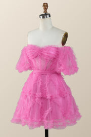 Off the Shoulder Hot Pink Ruffles Short A-line Homecoming Dress
