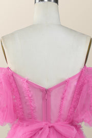 Off the Shoulder Hot Pink Ruffles Short A-line Homecoming Dress