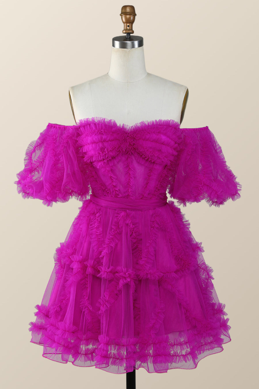 Off the Shoulder Hot Pink Ruffles Short A-line Homecoming Dress
