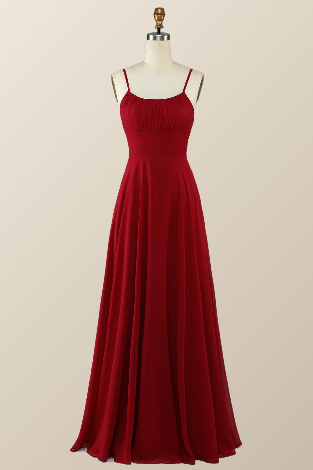 Straps Wine Red Chiffon A-line Long Bridesmaid Dress
