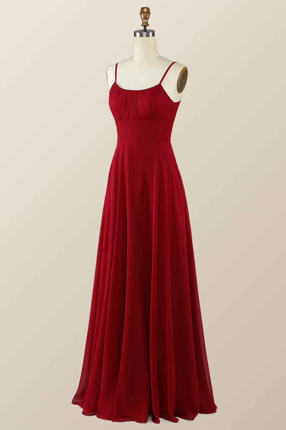 Straps Wine Red Chiffon A-line Long Bridesmaid Dress