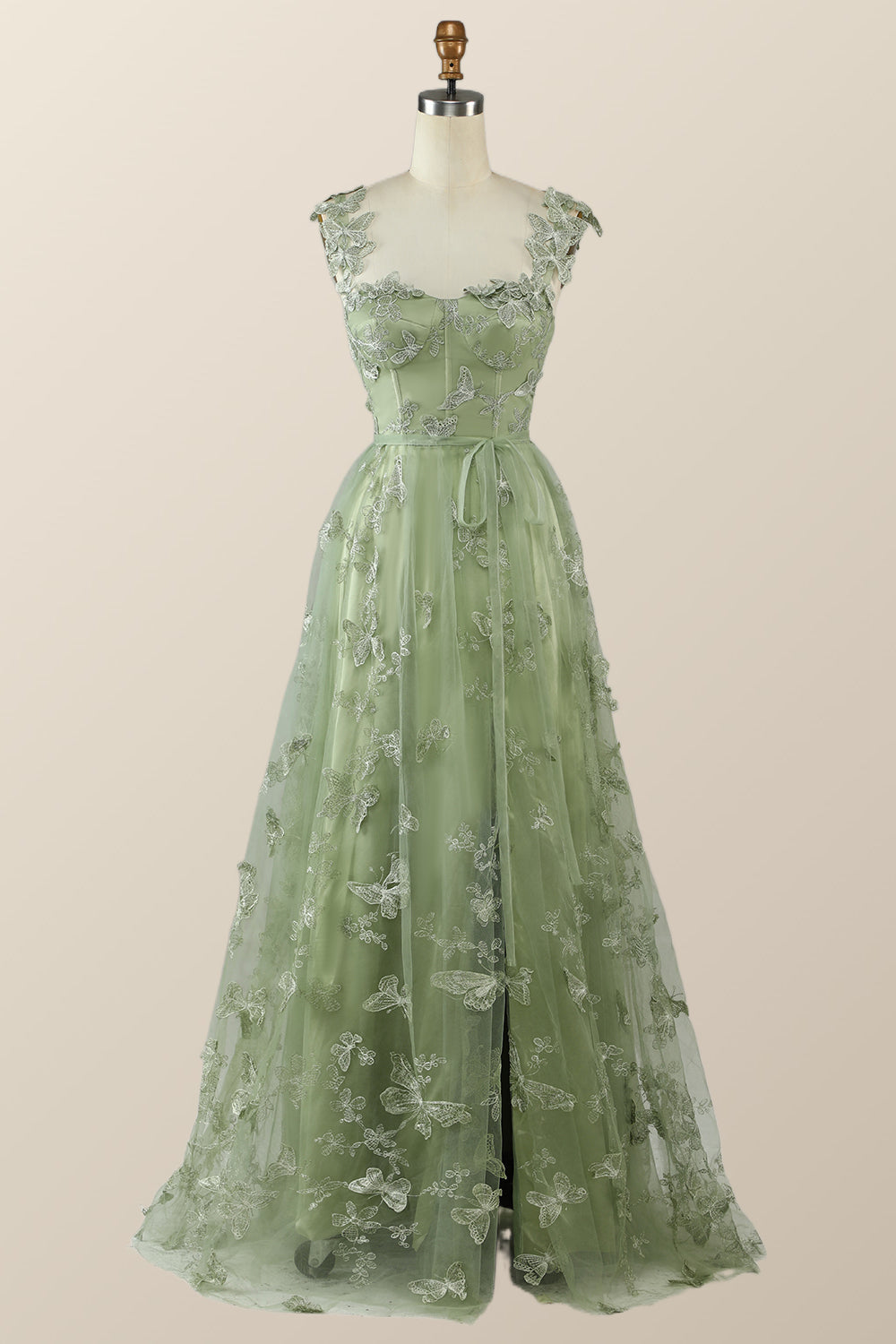 Sage Green Butterfly A-line Long Formal Dress