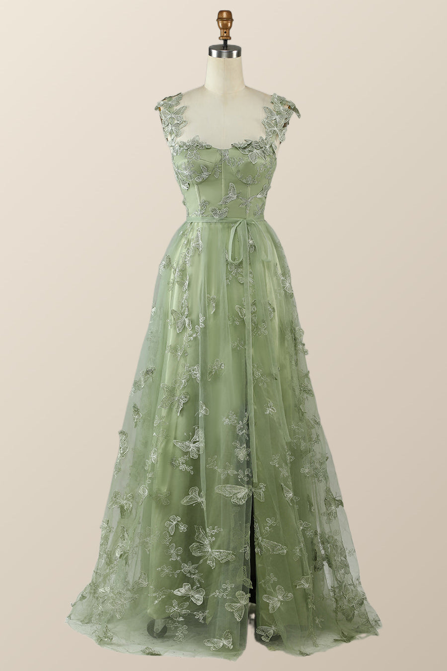 Sage Green Butterfly A-line Long Formal Dress