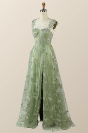 Sage Green Butterfly A-line Long Formal Dress