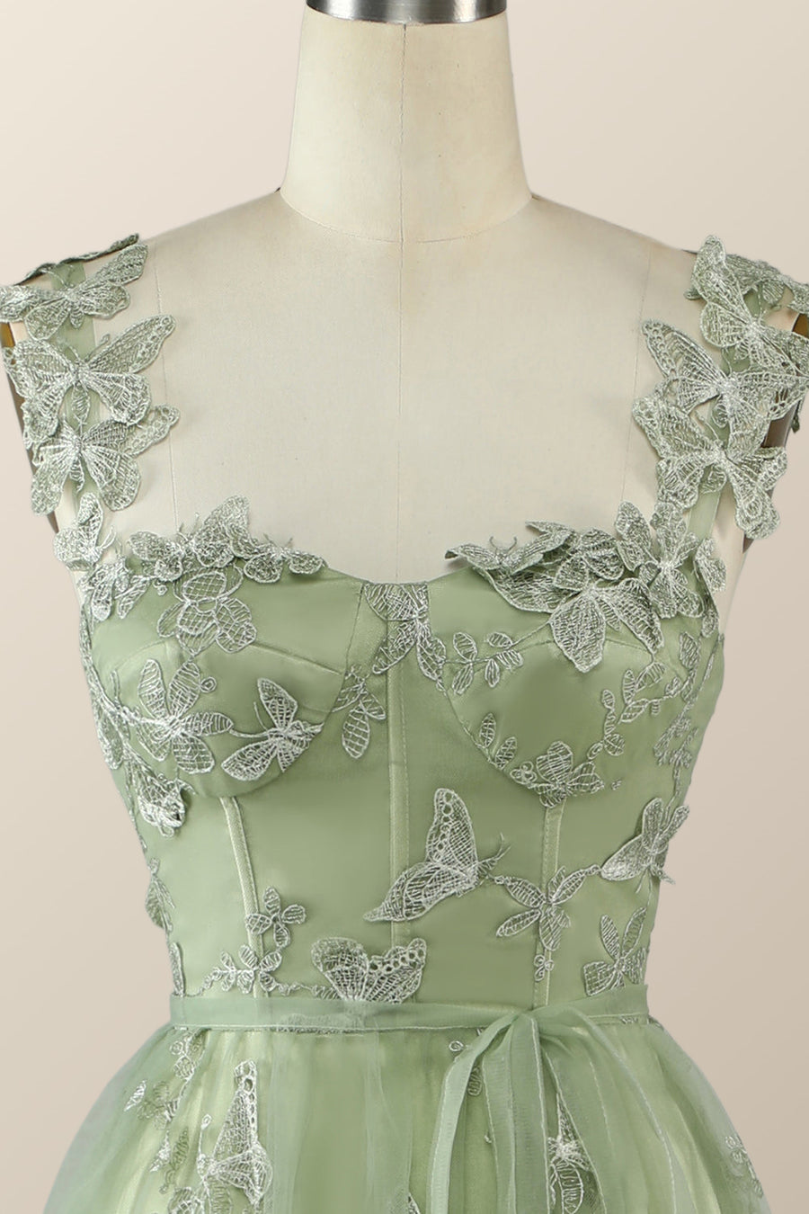 Sage Green Butterfly A-line Long Formal Dress