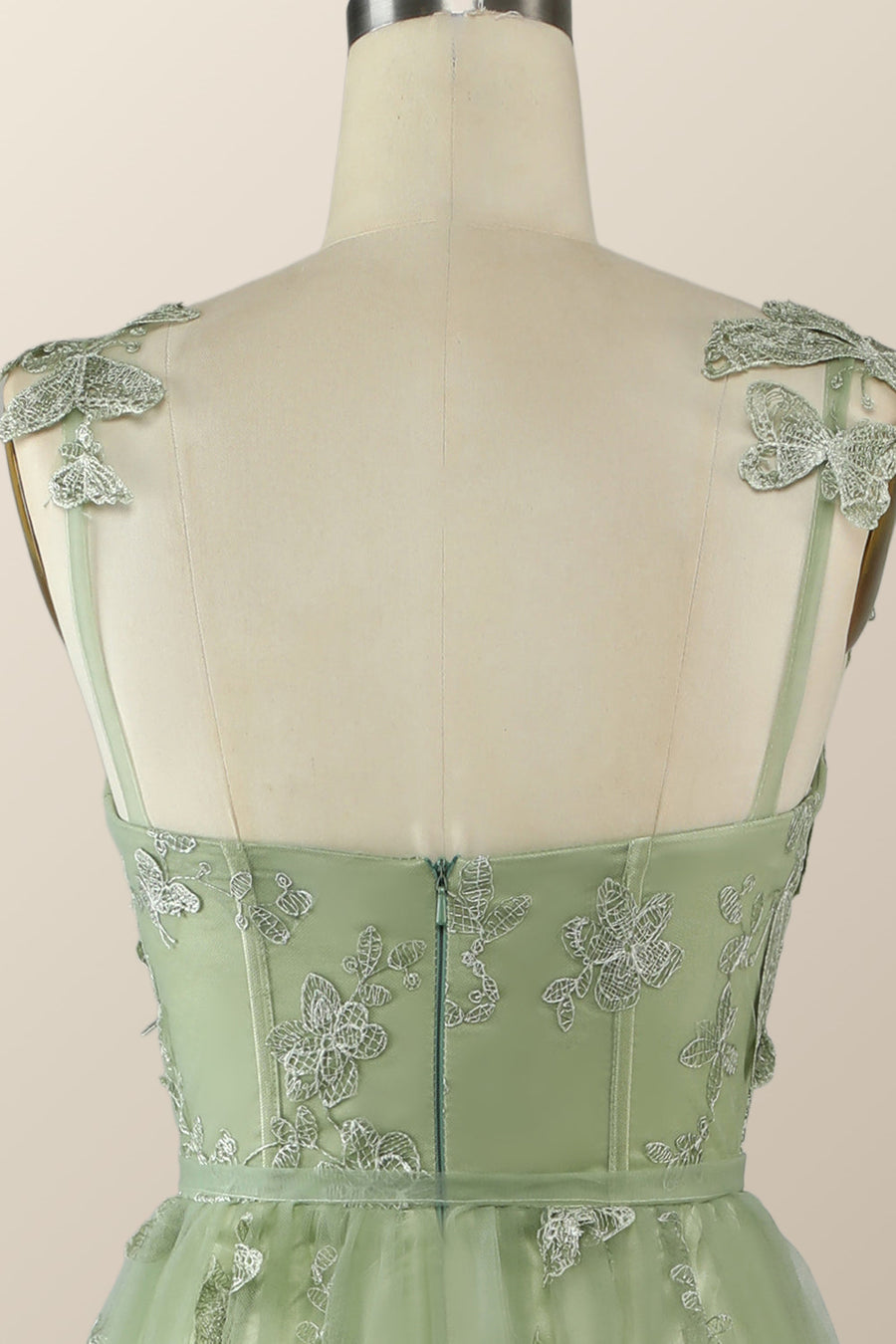 Sage Green Butterfly A-line Long Formal Dress