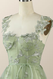 Sage Green Butterfly A-line Long Formal Dress