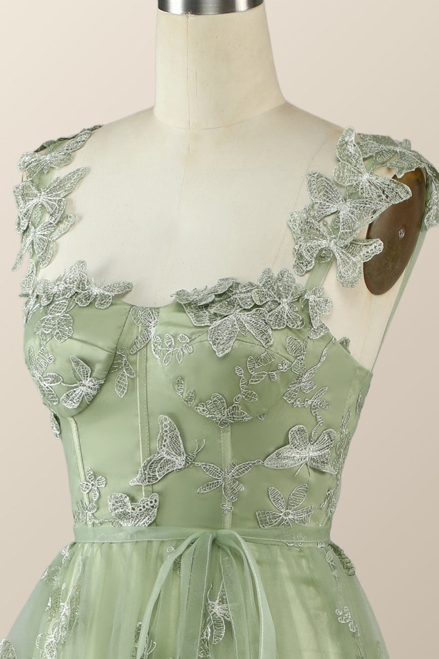 Sage Green Butterfly A-line Long Formal Dress
