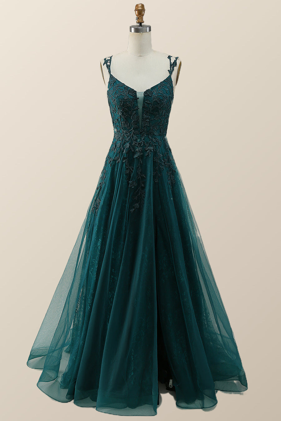 Dark Green Lace Appliques A-line Long Prom Dress