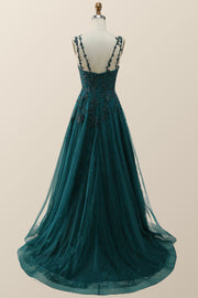 Dark Green Lace Appliques A-line Long Prom Dress