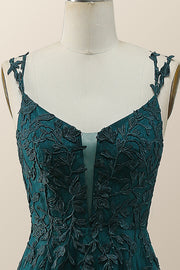Dark Green Lace Appliques A-line Long Prom Dress