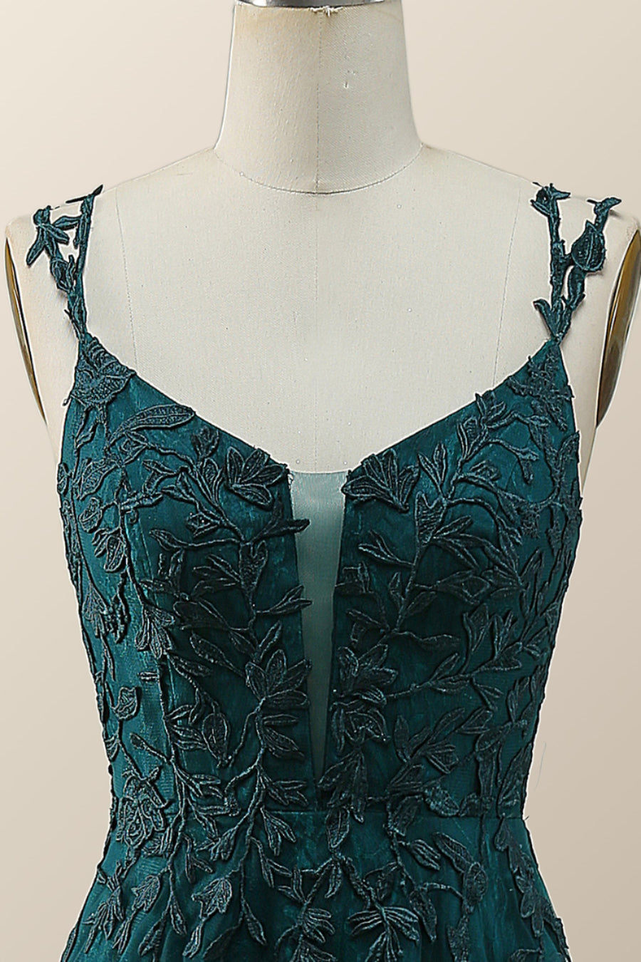 Dark Green Lace Appliques A-line Long Prom Dress